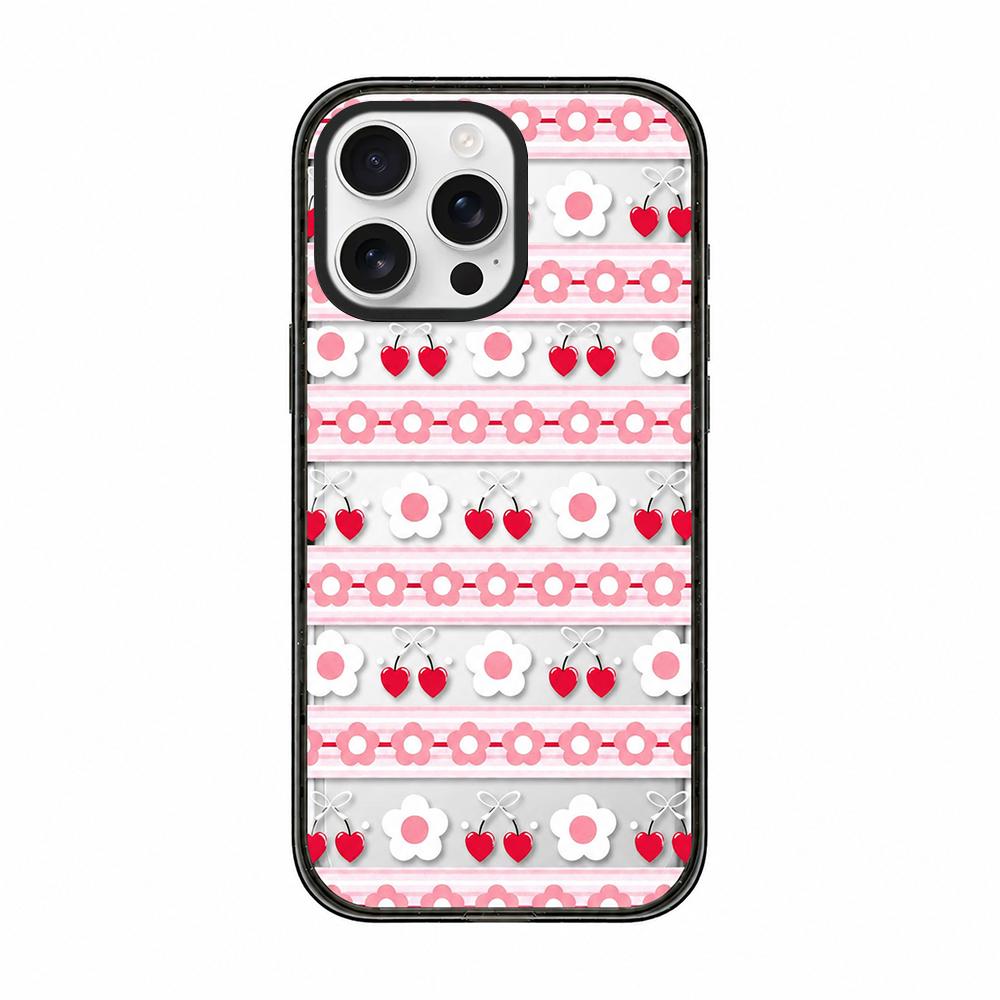 For iPhone 16 Pro Max Cream Cake Pattern Acrylic TPU Phone Case - Pink Striped Flower Heart - EDA009701405A