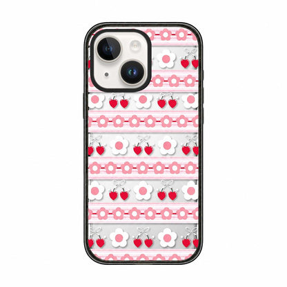 For iPhone 15 Cream Cake Pattern Acrylic TPU Phone Case - Pink Striped Flower Heart - EDA009701412A