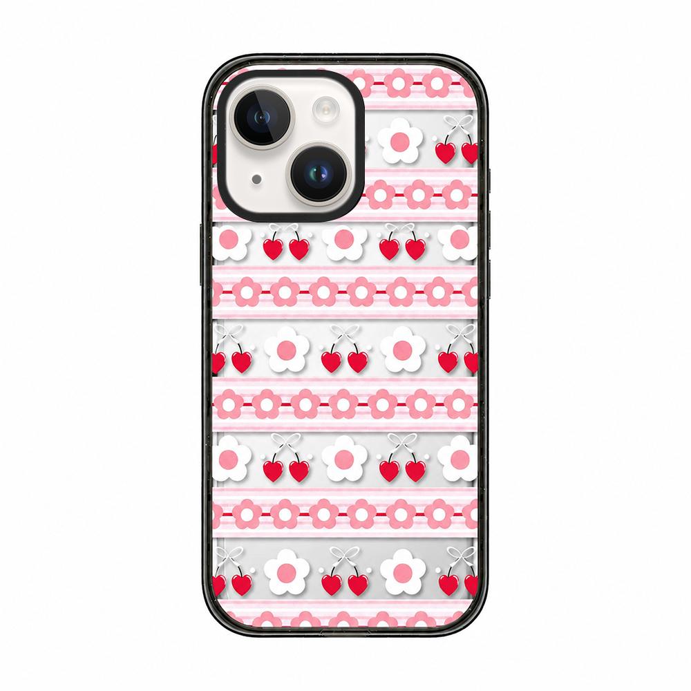 For iPhone 14 Plus Cream Cake Pattern Acrylic TPU Phone Case - Pink Striped Flower Heart - EDA009701413A