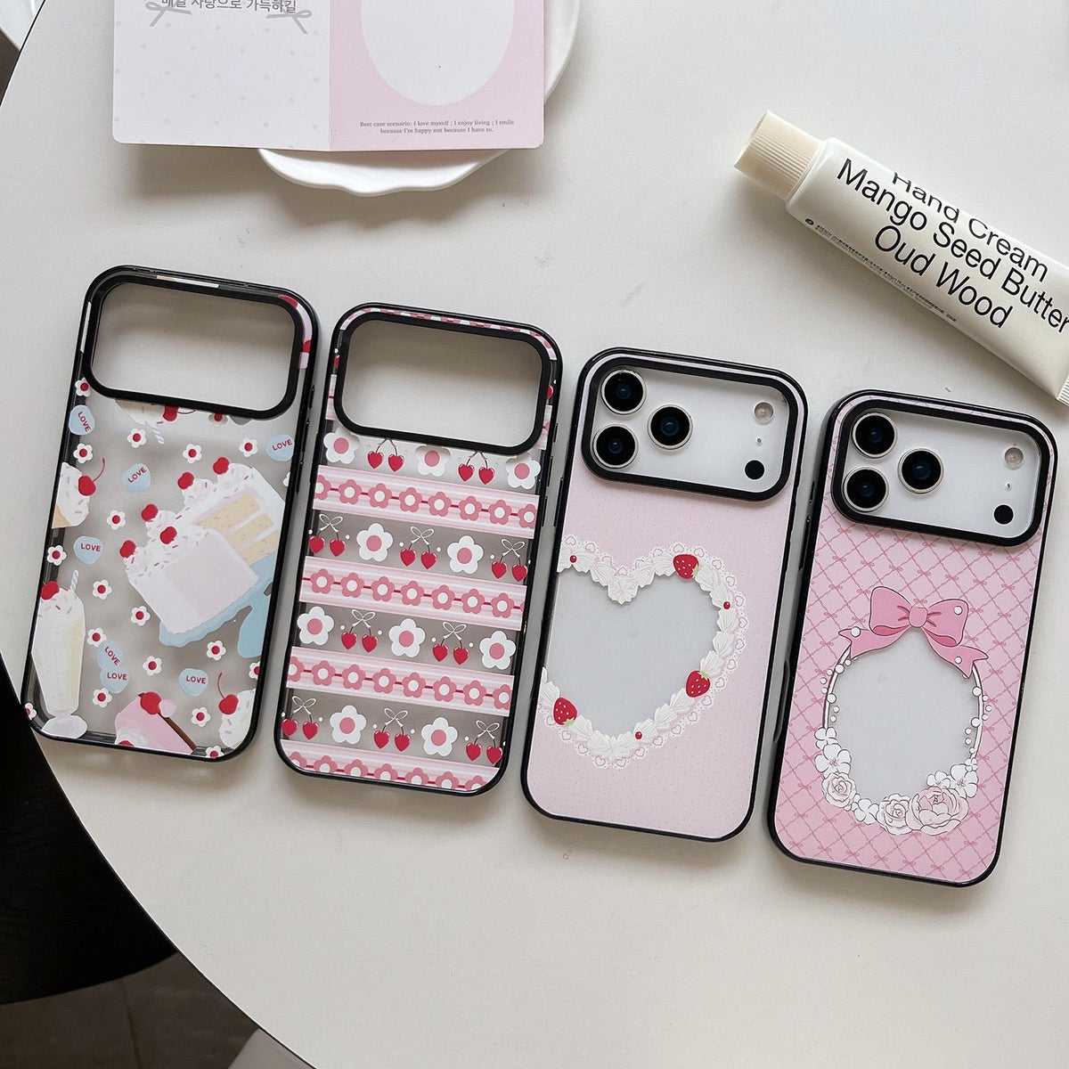 For iPhone 15 Cream Cake Pattern Acrylic TPU Phone Case - Strawberry Cream Heart - EDA009701412C