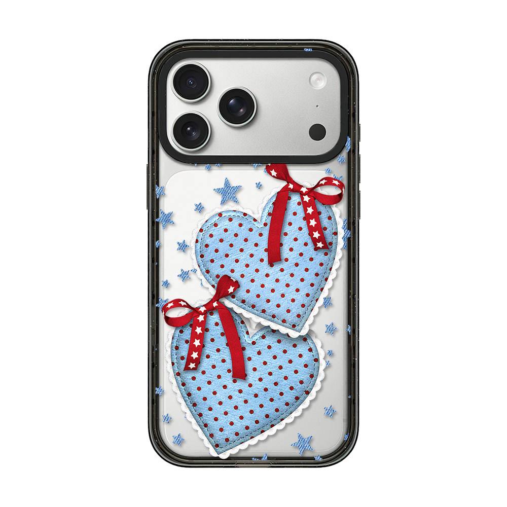 For iPhone 17 Pro Max Denim Floral Pattern Acrylic TPU Phone Case - Denim Blue Ribbon Heart - EDA009701701A