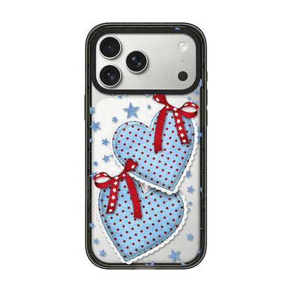 For iPhone 17 Pro Denim Floral Pattern Acrylic TPU Phone Case - Denim Blue Ribbon Heart - EDA009701702A