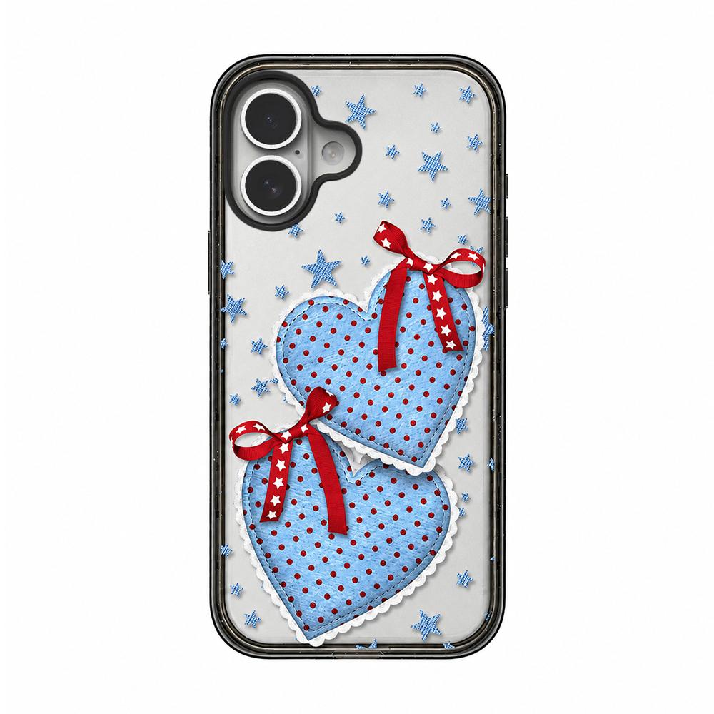 For iPhone 17 Denim Floral Pattern Acrylic TPU Phone Case - Denim Blue Ribbon Heart - EDA009701703A