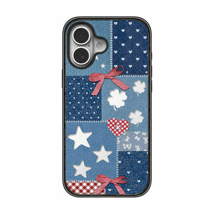 For iPhone 17 Denim Floral Pattern Acrylic TPU Phone Case - Patchwork Denim Plaid - EDA009701703C