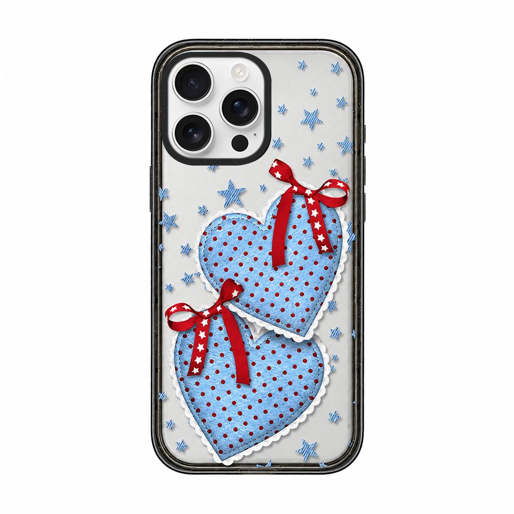 For iPhone 16 Pro Max Denim Floral Pattern Acrylic TPU Phone Case - Denim Blue Ribbon Heart - EDA009701705A