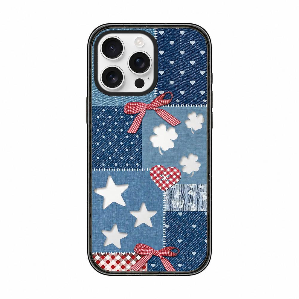 For iPhone 16 Pro Max Denim Floral Pattern Acrylic TPU Phone Case - Patchwork Denim Plaid - EDA009701705C