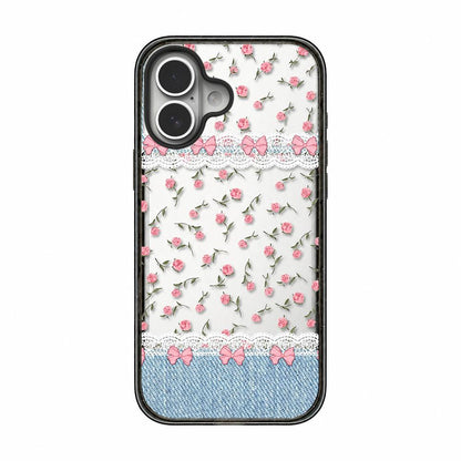 For iPhone 16 Denim Floral Pattern Acrylic TPU Phone Case - Denim Rose Lace - EDA009701708B