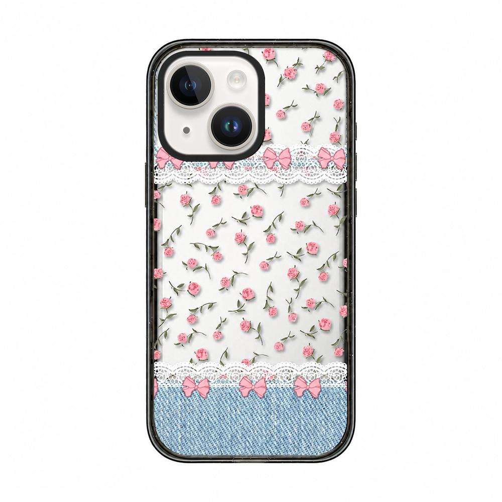 For iPhone 15 Plus Denim Floral Pattern Acrylic TPU Phone Case - Denim Rose Lace - EDA009701711B