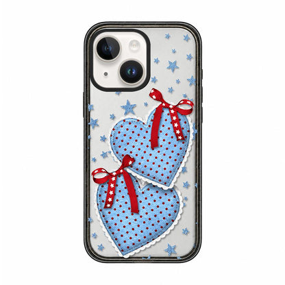 For iPhone 15 Denim Floral Pattern Acrylic TPU Phone Case - Denim Blue Ribbon Heart - EDA009701712A