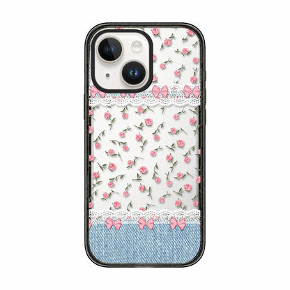 For iPhone 14 Plus Denim Floral Pattern Acrylic TPU Phone Case - Denim Rose Lace - EDA009701713B