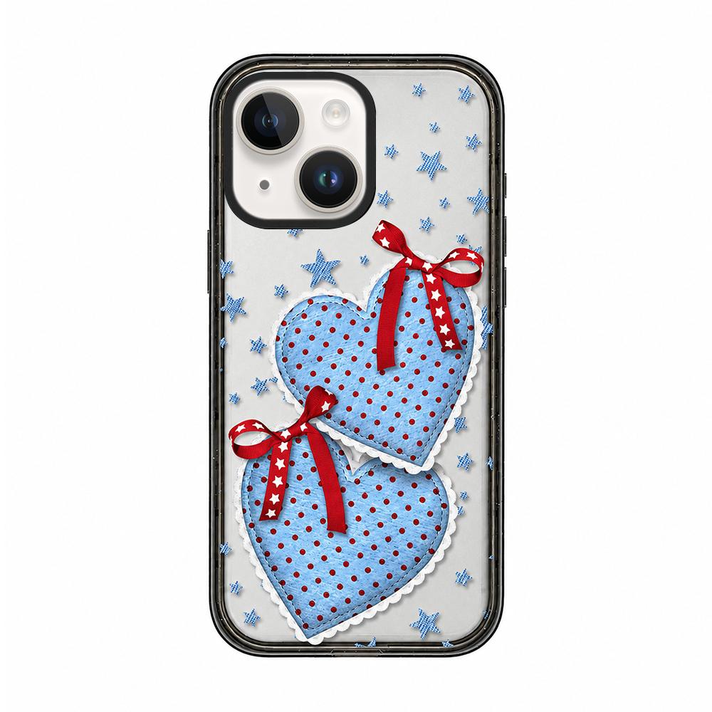 For iPhone 14 Denim Floral Pattern Acrylic TPU Phone Case - Denim Blue Ribbon Heart - EDA009701714A