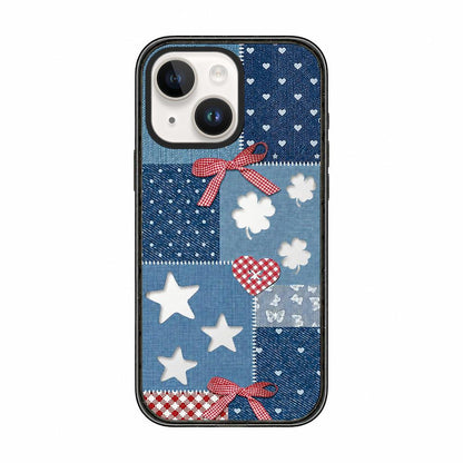 For iPhone 14 Denim Floral Pattern Acrylic TPU Phone Case - Patchwork Denim Plaid - EDA009701714C