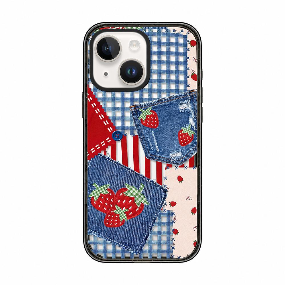 For iPhone 13 Denim Floral Pattern Acrylic TPU Phone Case - Cowboy Strawberry Patch - EDA009701719D