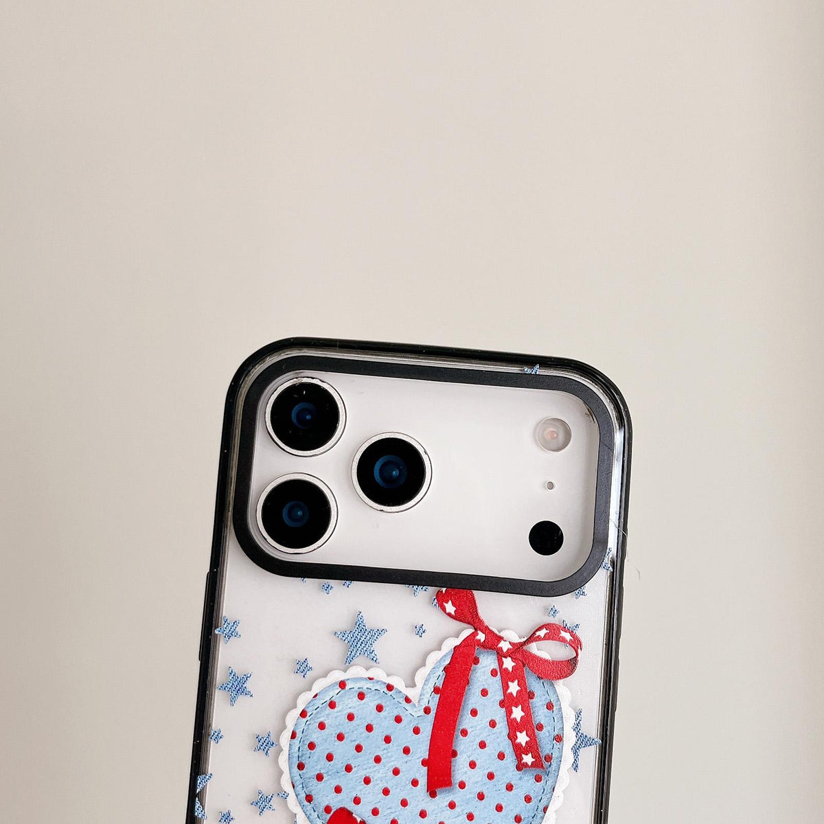 For iPhone 14 Pro Denim Floral Pattern Acrylic TPU Phone Case - Denim Blue Ribbon Heart - EDA009701715A