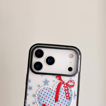 For iPhone 12 Pro Max Denim Floral Pattern Acrylic TPU Phone Case - Denim Blue Ribbon Heart - EDA009701721A