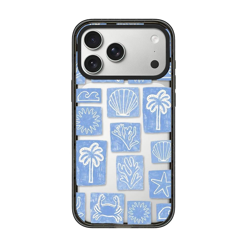 For iPhone 17 Pro Seashell Bow Transparent Acrylic TPU Phone Case - Blue White Ocean Block - EDA009702102C