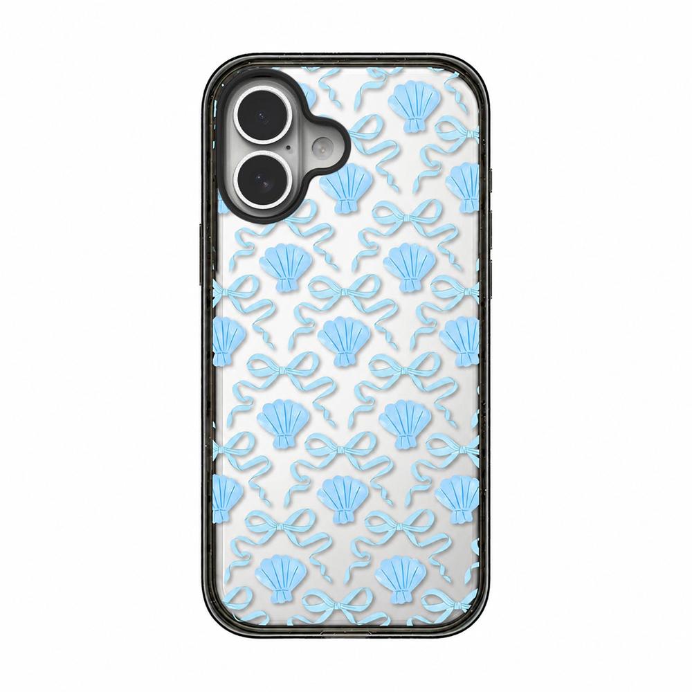 For iPhone 16 Seashell Bow Transparent Acrylic TPU Phone Case - Light Blue Seashell Bow - EDA009702108A