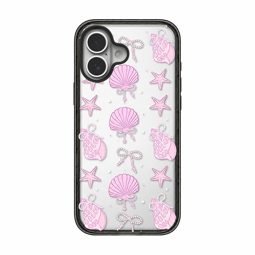 For iPhone 16 Seashell Bow Transparent Acrylic TPU Phone Case - Pearl Powder Seashell Starfish - EDA009702108B