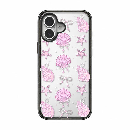 For iPhone 16 Seashell Bow Transparent Acrylic TPU Phone Case - Pearl Powder Seashell Starfish - EDA009702108B