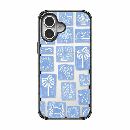 For iPhone 16 Seashell Bow Transparent Acrylic TPU Phone Case - Blue White Ocean Block - EDA009702108C