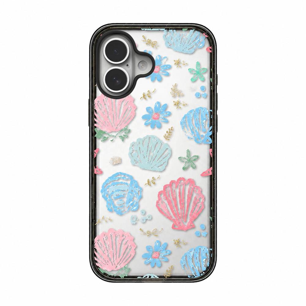For iPhone 16 Seashell Bow Transparent Acrylic TPU Phone Case - Macaron Graffiti Seashell - EDA009702108D