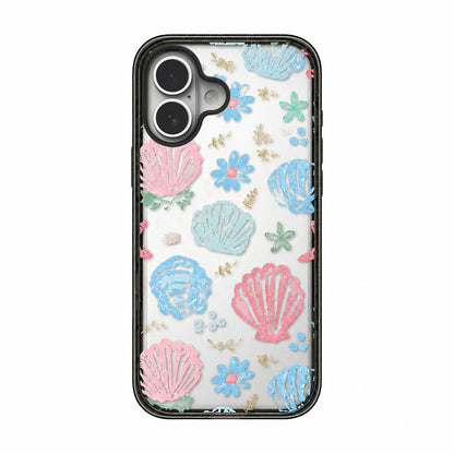 For iPhone 16 Seashell Bow Transparent Acrylic TPU Phone Case - Macaron Graffiti Seashell - EDA009702108D