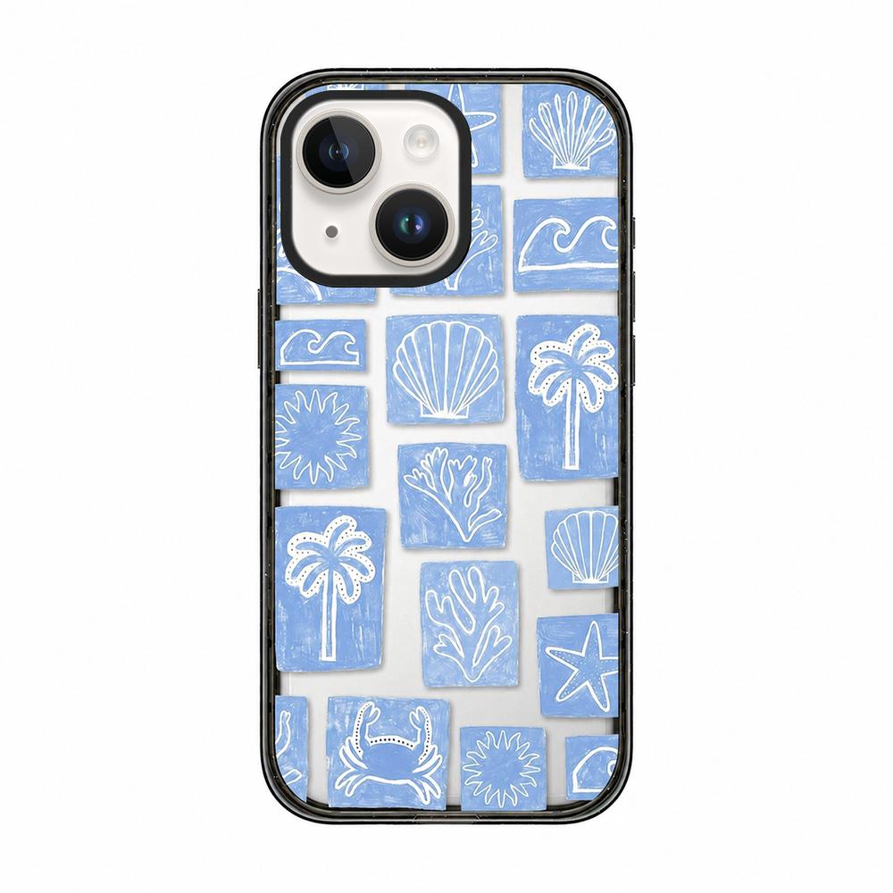 For iPhone 15 Seashell Bow Transparent Acrylic TPU Phone Case - Blue White Ocean Block - EDA009702112C