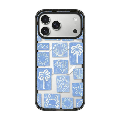 For iPhone 17 Pro Seashell Bow Transparent Magnetic Acrylic TPU Phone Case - Blue White Ocean Block - EDA009702302C