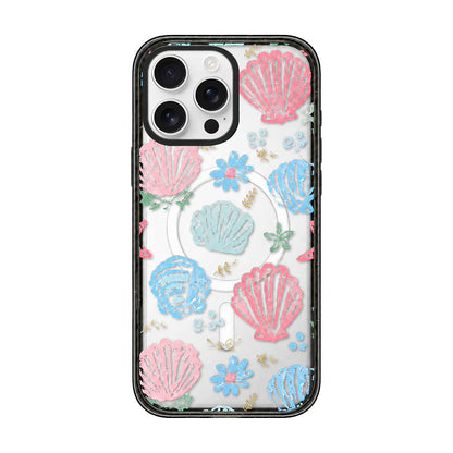 For iPhone 16 Pro Seashell Bow Transparent Magnetic Acrylic TPU Phone Case - Macaron Graffiti Seashell - EDA009702306D
