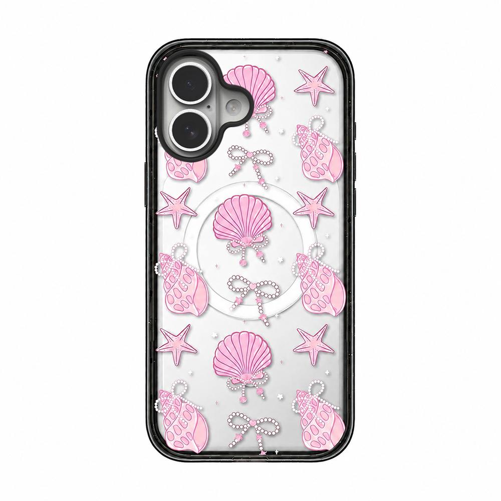 For iPhone 16 Plus Seashell Bow Transparent Magnetic Acrylic TPU Phone Case - Pearl Powder Seashell Starfish - EDA009702307B