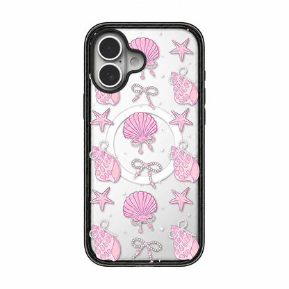 For iPhone 16 Plus Seashell Bow Transparent Magnetic Acrylic TPU Phone Case - Pearl Powder Seashell Starfish - EDA009702307B