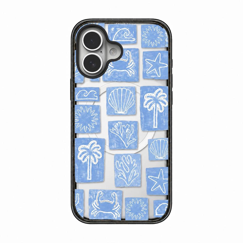 For iPhone 16 Plus Seashell Bow Transparent Magnetic Acrylic TPU Phone Case - Blue White Ocean Block - EDA009702307C