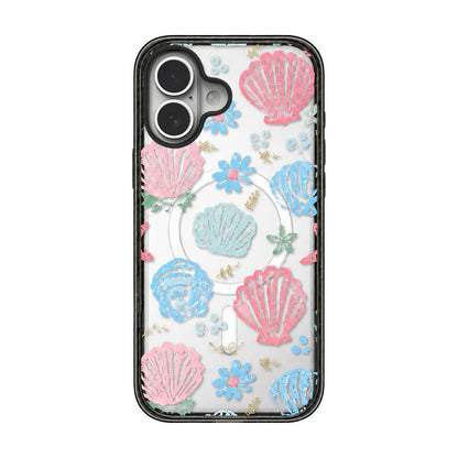 For iPhone 16 Seashell Bow Transparent Magnetic Acrylic TPU Phone Case - Macaron Graffiti Seashell - EDA009702308D
