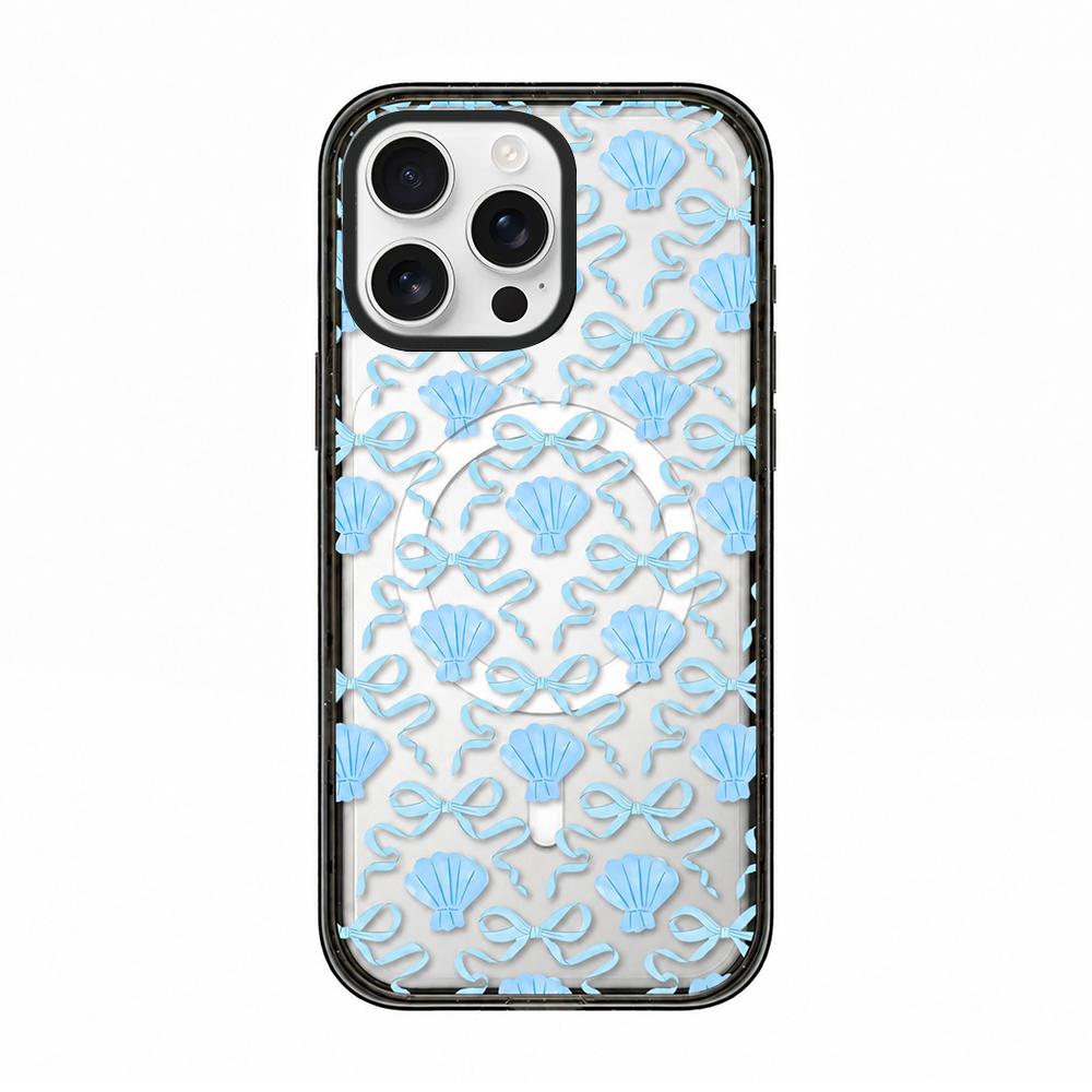 For iPhone 15 Pro Seashell Bow Transparent Magnetic Acrylic TPU Phone Case - Light Blue Seashell Bow - EDA009702310A