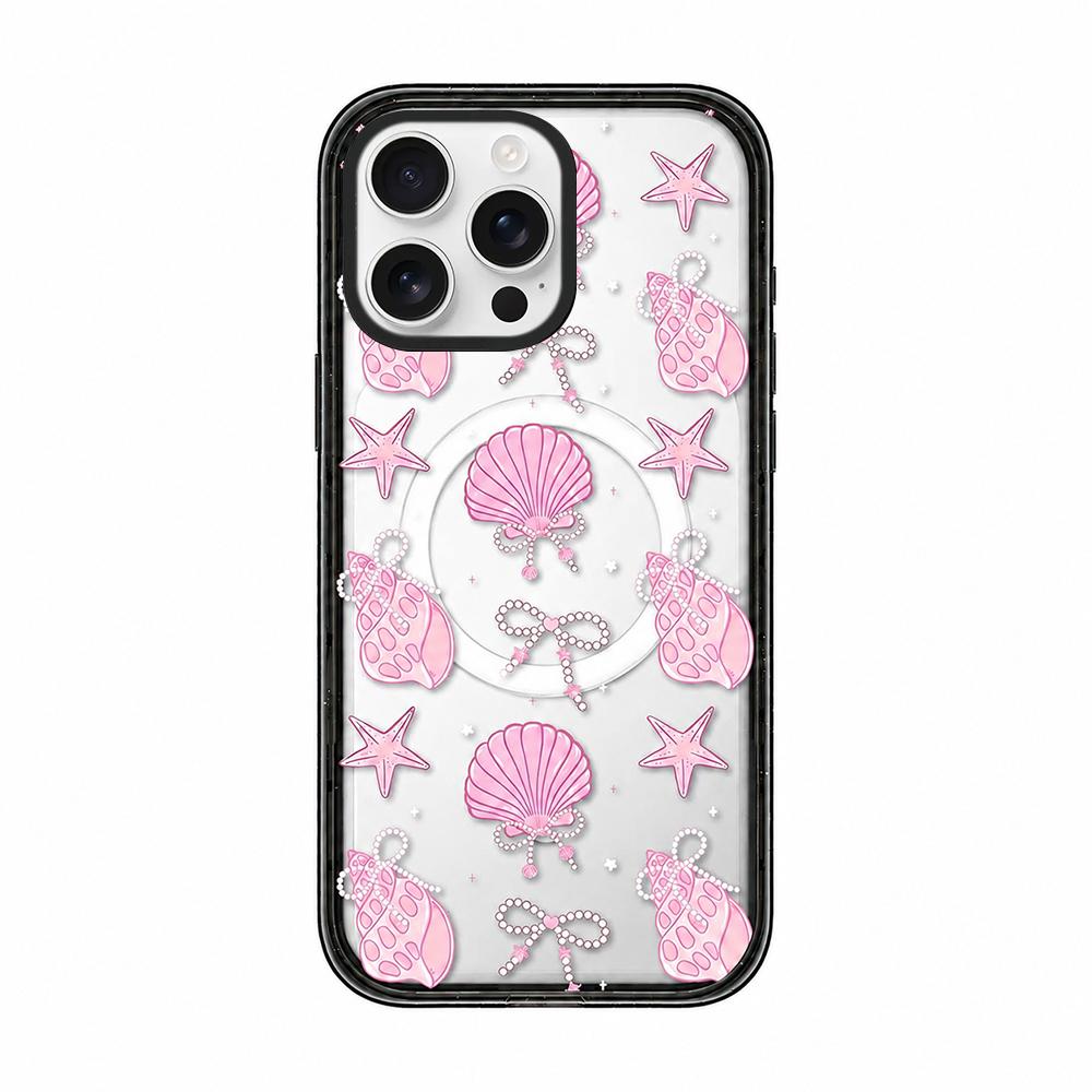 For iPhone 15 Pro Seashell Bow Transparent Magnetic Acrylic TPU Phone Case - Pearl Powder Seashell Starfish - EDA009702310B