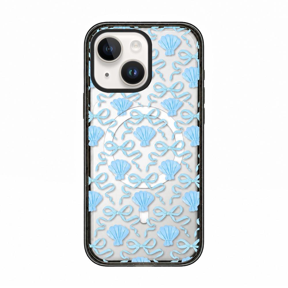 For iPhone 15 Seashell Bow Transparent Magnetic Acrylic TPU Phone Case - Light Blue Seashell Bow - EDA009702312A