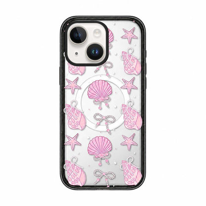 For iPhone 15 Seashell Bow Transparent Magnetic Acrylic TPU Phone Case - Pearl Powder Seashell Starfish - EDA009702312B