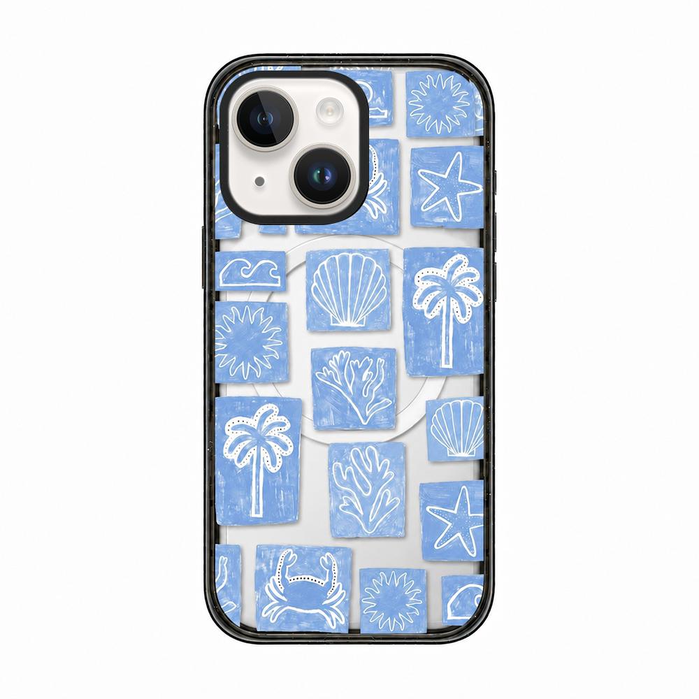 For iPhone 14 Plus Seashell Bow Transparent Magnetic Acrylic TPU Phone Case - Blue White Ocean Block - EDA009702313C