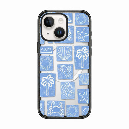 For iPhone 14 Plus Seashell Bow Transparent Magnetic Acrylic TPU Phone Case - Blue White Ocean Block - EDA009702313C