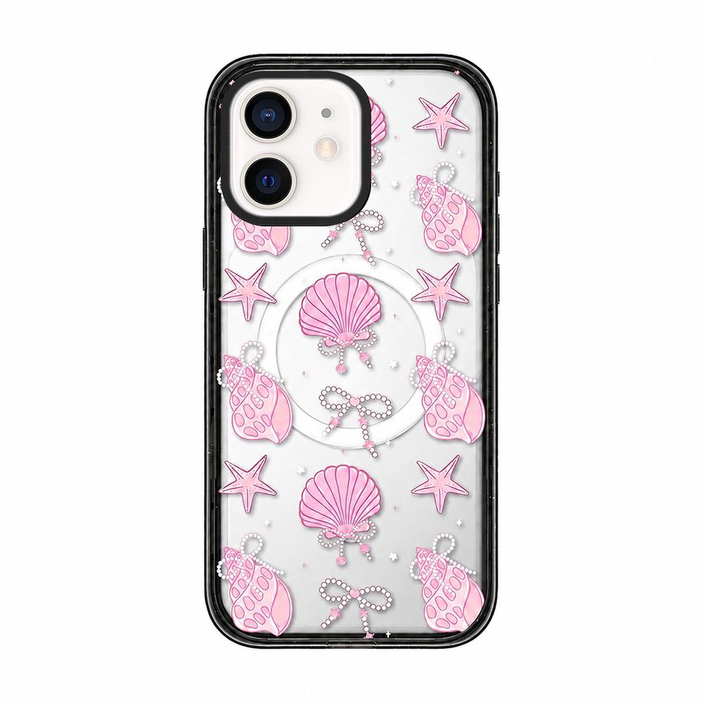 For iPhone 12 Seashell Bow Transparent Magnetic Acrylic TPU Phone Case - Pearl Powder Seashell Starfish - EDA009702320B
