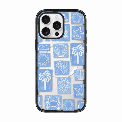 For iPhone 12 Pro Seashell Bow Transparent Magnetic Acrylic TPU Phone Case - Blue White Ocean Block - EDA009702322C