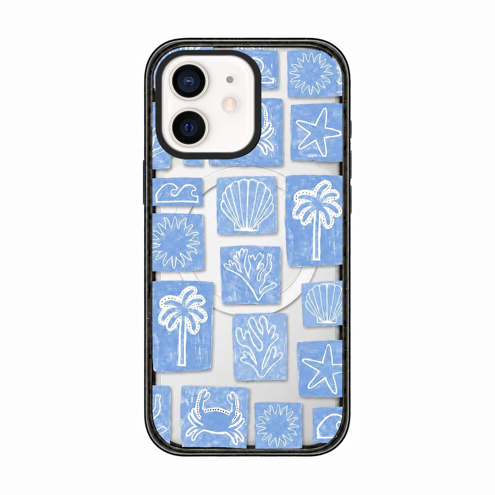For iPhone 11 Seashell Bow Transparent Magnetic Acrylic TPU Phone Case - Blue White Ocean Block - EDA009702323C