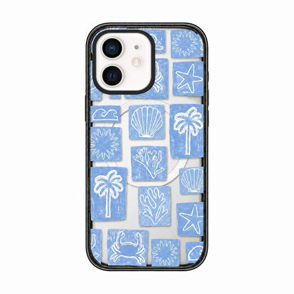 For iPhone 11 Seashell Bow Transparent Magnetic Acrylic TPU Phone Case - Blue White Ocean Block - EDA009702323C