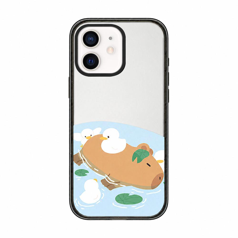 For iPhone 12 Cute Capybara Cartoon Print Acrylic TPU Phone Case - Pond Capybara Ducklings - EDA009702720A