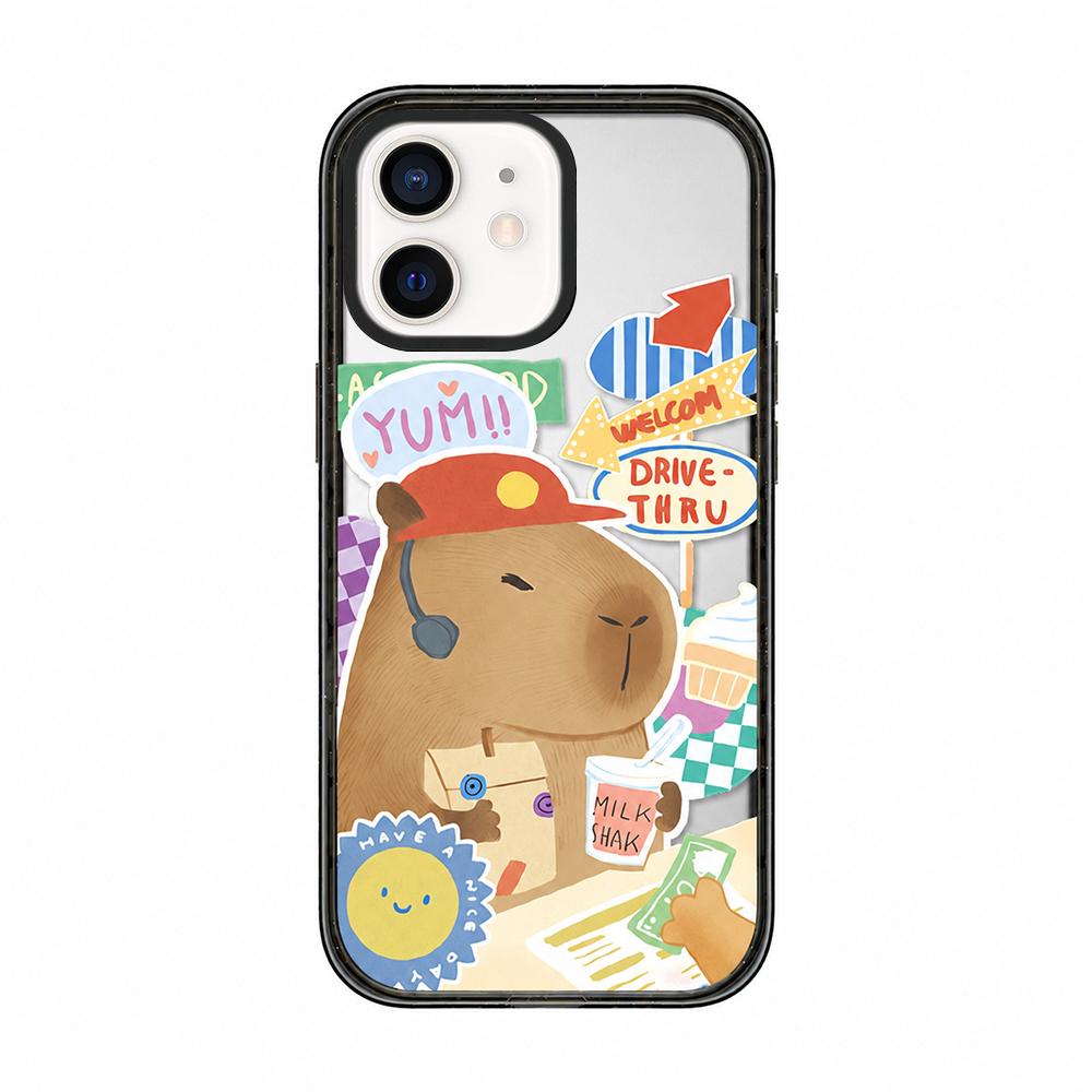 For iPhone 12 Cute Capybara Cartoon Print Acrylic TPU Phone Case - Fast Food Worker Capybara - EDA009702720D