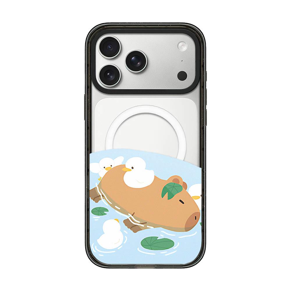 For iPhone 17 Pro Max Cute Capybara Cartoon Print Magnetic Acrylic TPU Phone Case - Pond Capybara Ducklings - EDA009702801A