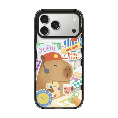 For iPhone 17 Pro Max Cute Capybara Cartoon Print Magnetic Acrylic TPU Phone Case - Fast Food Worker Capybara - EDA009702801D