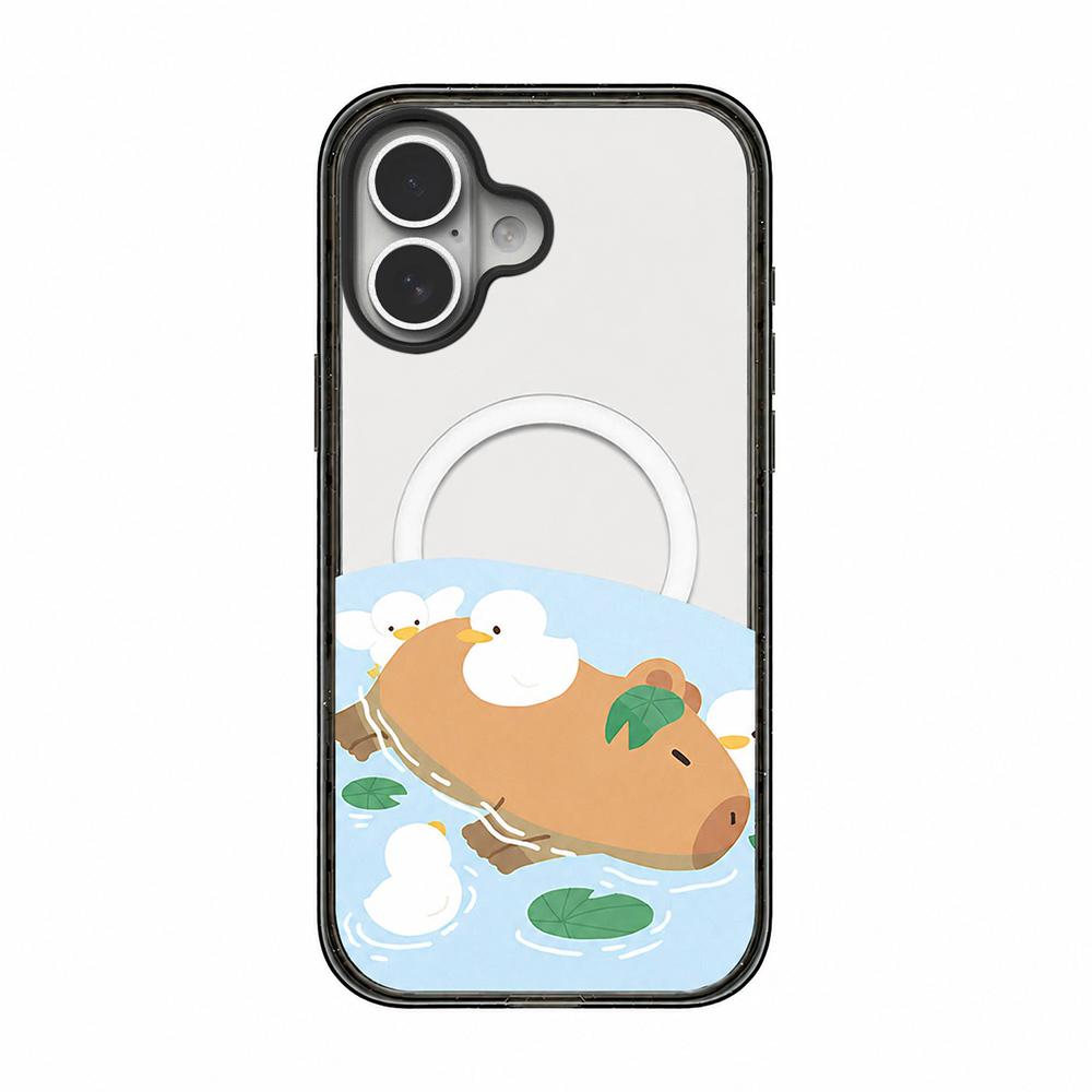 For iPhone 17 Cute Capybara Cartoon Print Magnetic Acrylic TPU Phone Case - Pond Capybara Ducklings - EDA009702803A