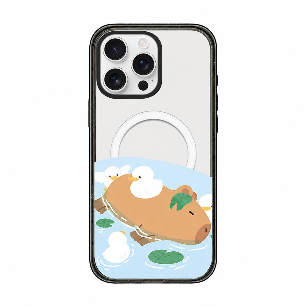 For iPhone 15 Pro Cute Capybara Cartoon Print Magnetic Acrylic TPU Phone Case - Pond Capybara Ducklings - EDA009702810A