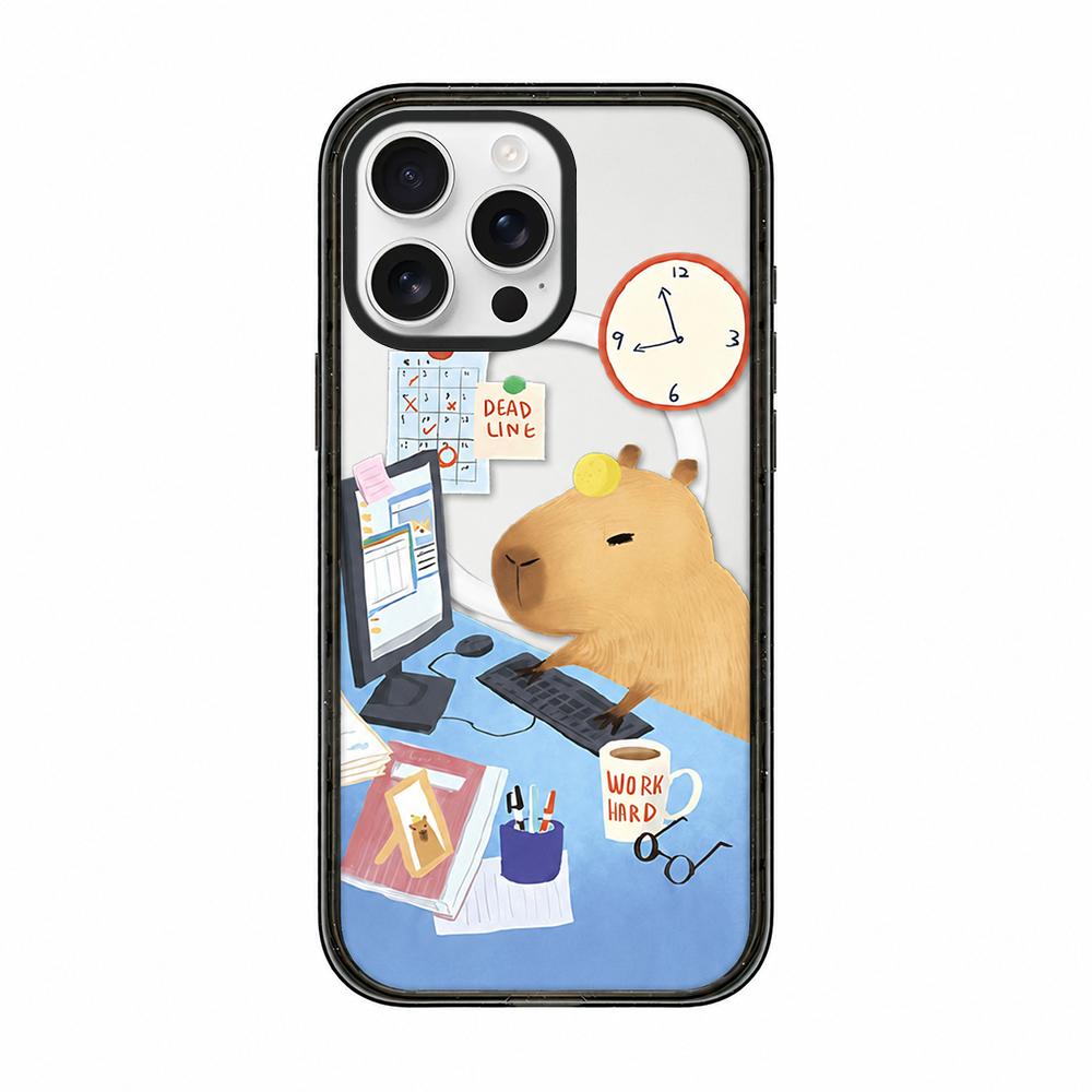 For iPhone 15 Pro Cute Capybara Cartoon Print Magnetic Acrylic TPU Phone Case - Office Capybara - EDA009702810B
